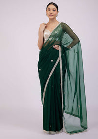 Deep Green Saree In Organza With Embroidery