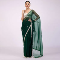 Deep Green Saree In Organza With Embroidery