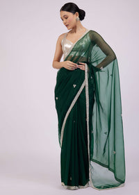 Deep Green Saree In Organza With Embroidery