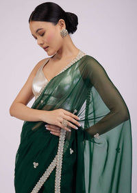 Deep Green Saree In Organza With Embroidery