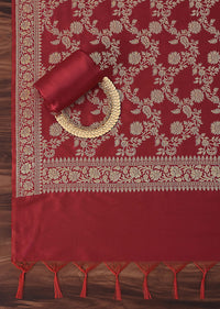 Exquisite Banarasi Print Silk Dress Material Suit Set in Red And Dark Maroon