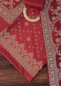 Exquisite Banarasi Print Silk Dress Material Suit Set in Red And Dark Maroon