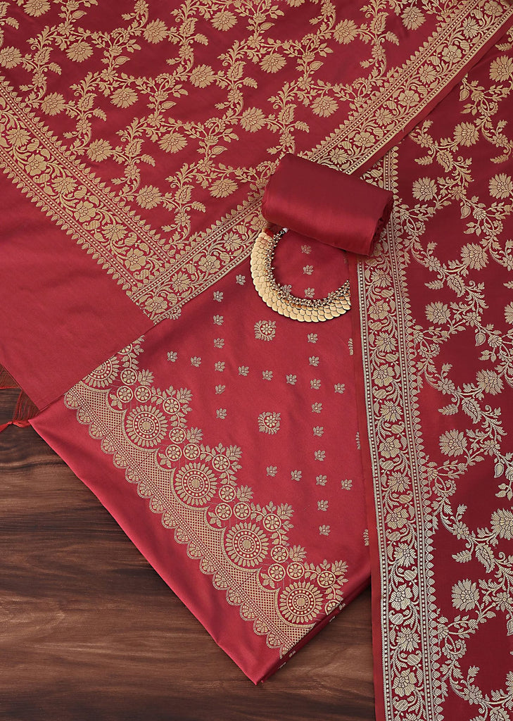 Exquisite Banarasi Print Silk Dress Material Suit Set in Red And Dark Maroon