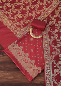Exquisite Banarasi Print Silk Dress Material Suit Set in Red And Dark Maroon