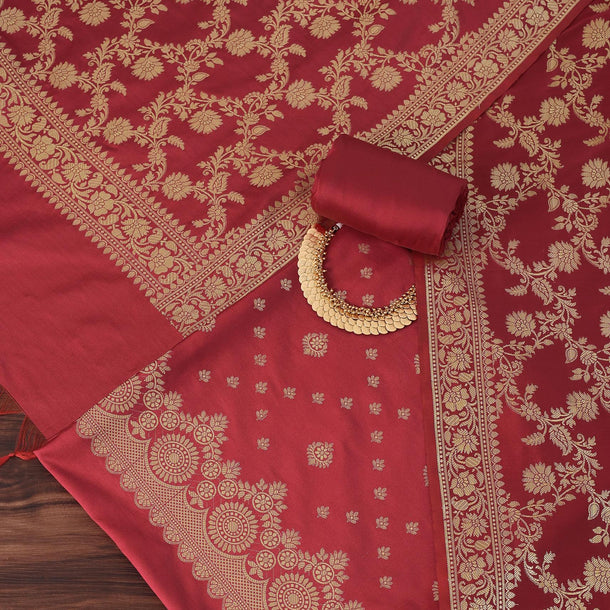 Exquisite Banarasi Print Silk Dress Material Suit Set in Red And Dark Maroon