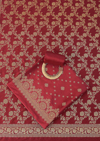 Exquisite Banarasi Print Silk Dress Material Suit Set in Red And Dark Maroon
