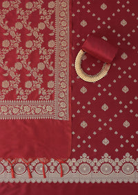 Exquisite Banarasi Print Silk Dress Material Suit Set in Red And Dark Maroon