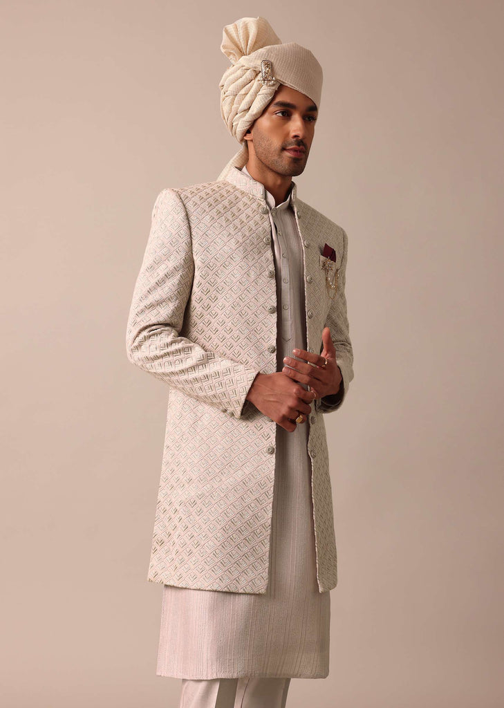 Exquisite Beige Silk Sherwani With Intricate Embroidery