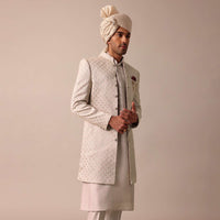 Exquisite Beige Silk Sherwani With Intricate Embroidery