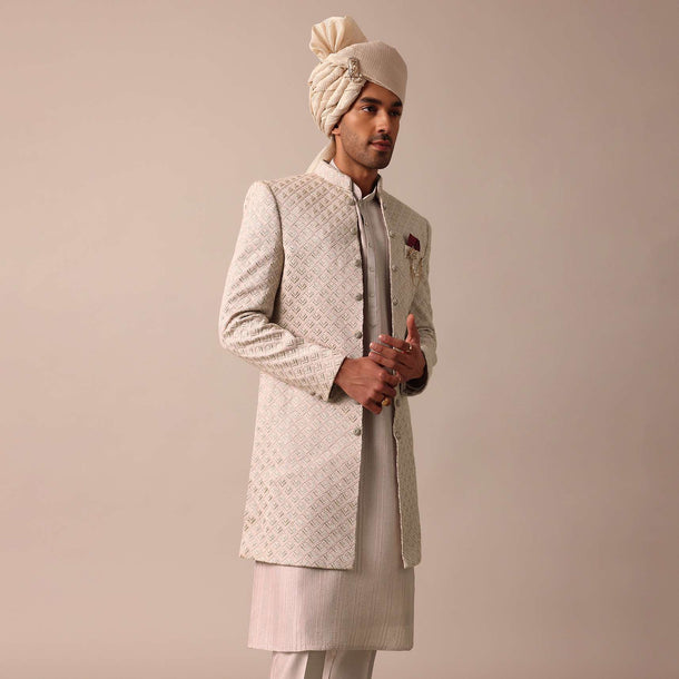 Exquisite Beige Silk Sherwani With Intricate Embroidery