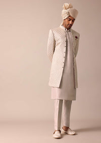 Exquisite Beige Silk Sherwani With Intricate Embroidery