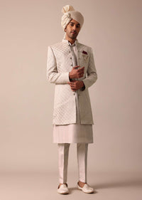 Exquisite Beige Silk Sherwani With Intricate Embroidery