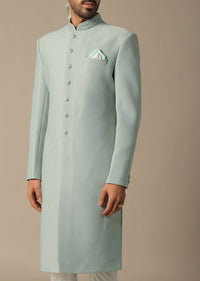 Exquisite Green Cotton Silk Sherwani Set