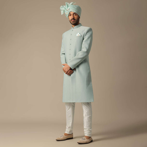 Exquisite Green Cotton Silk Sherwani Set