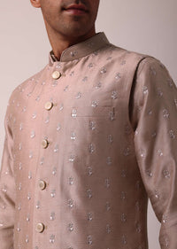 Exquisite Pink Silk Embroidered Jacket Kurta Set