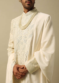 Exquisite White Raw Silk Sherwani Set