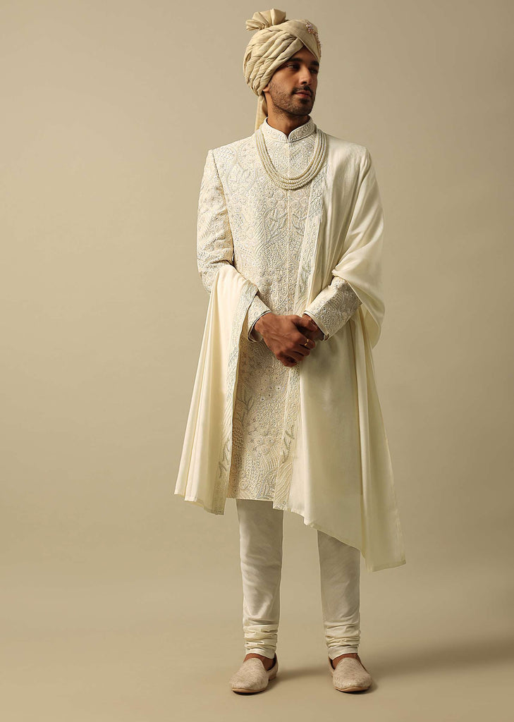 Exquisite White Raw Silk Sherwani Set
