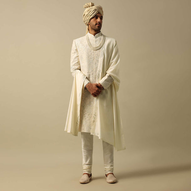 Exquisite White Raw Silk Sherwani Set