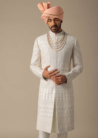 Exquisite White Silk Sherwani Set