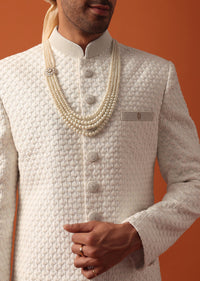 Exquisite White Silk Sherwani Set With Intricate Embroidery