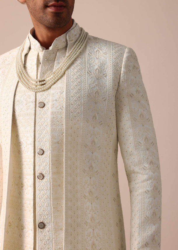 Exquisite White Silk Sherwani With Intricate Embroidery