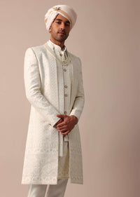 Exquisite White Silk Sherwani With Intricate Embroidery