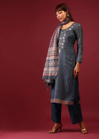 Persian Blue Palazzo Suit In Tussar Silk With Ajrakh Handblock Print And Embroidery