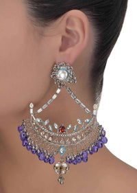 Fancy Danglers With Blue Mina Work, Kundan, Bugle Beads, Crystals, Red Stone And Purple Ghungrus Online - Kalki Fashion