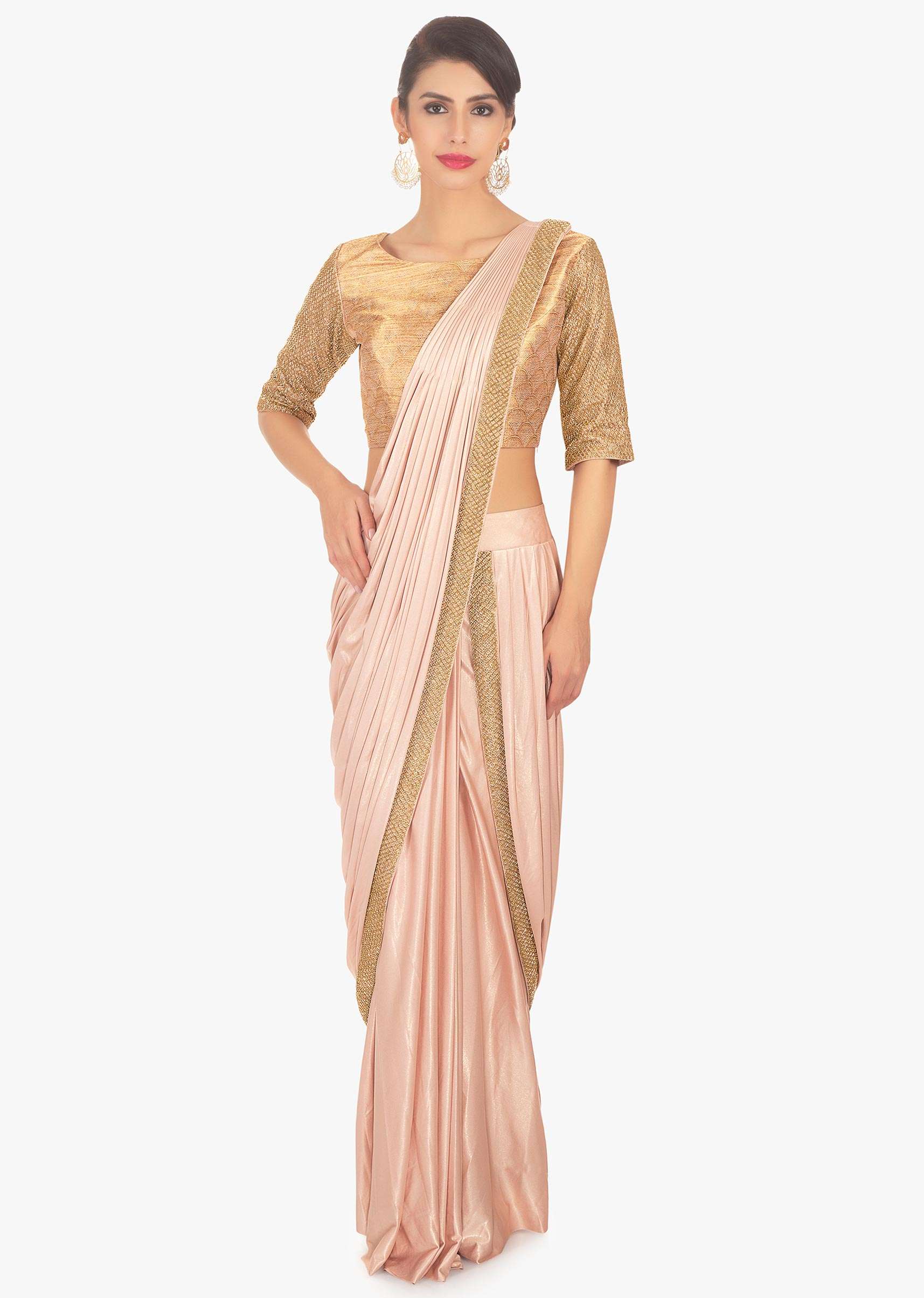 Fancy fabric peach blouse with lycra saree skirt in ready plated pre stitched pallo