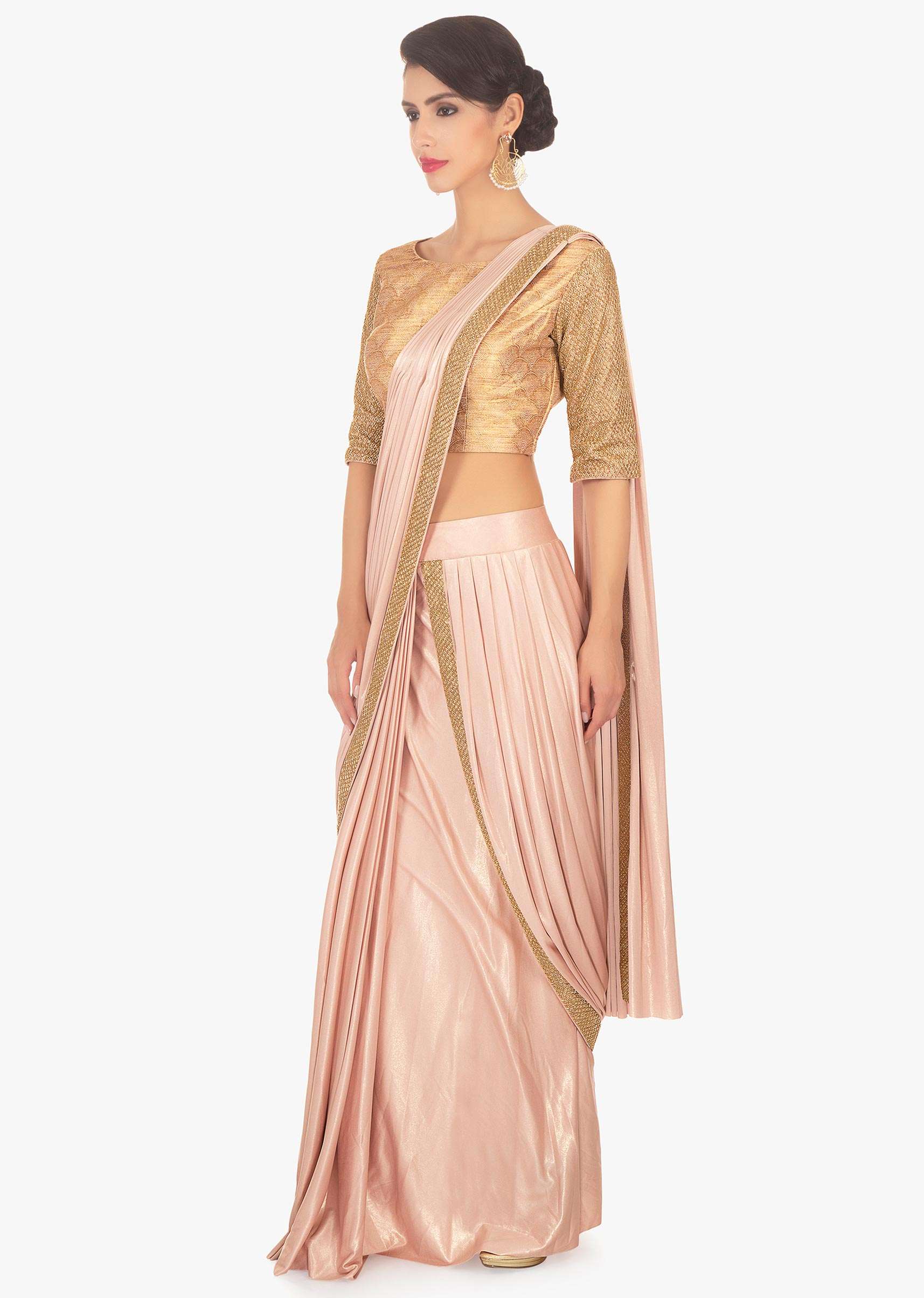 Fancy fabric peach blouse with lycra saree skirt in ready plated pre stitched pallo