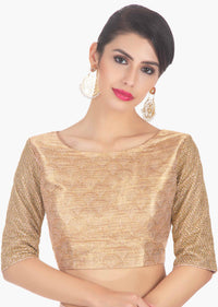 Fancy fabric peach blouse with lycra saree skirt in ready plated pre stitched pallo