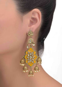 Fancy gold plated jhumkas with amber mina work, kundan and pearls in floral pattern only on Kalki