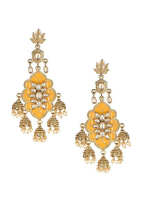 Fancy gold plated jhumkas with amber mina work, kundan and pearls in floral pattern only on Kalki