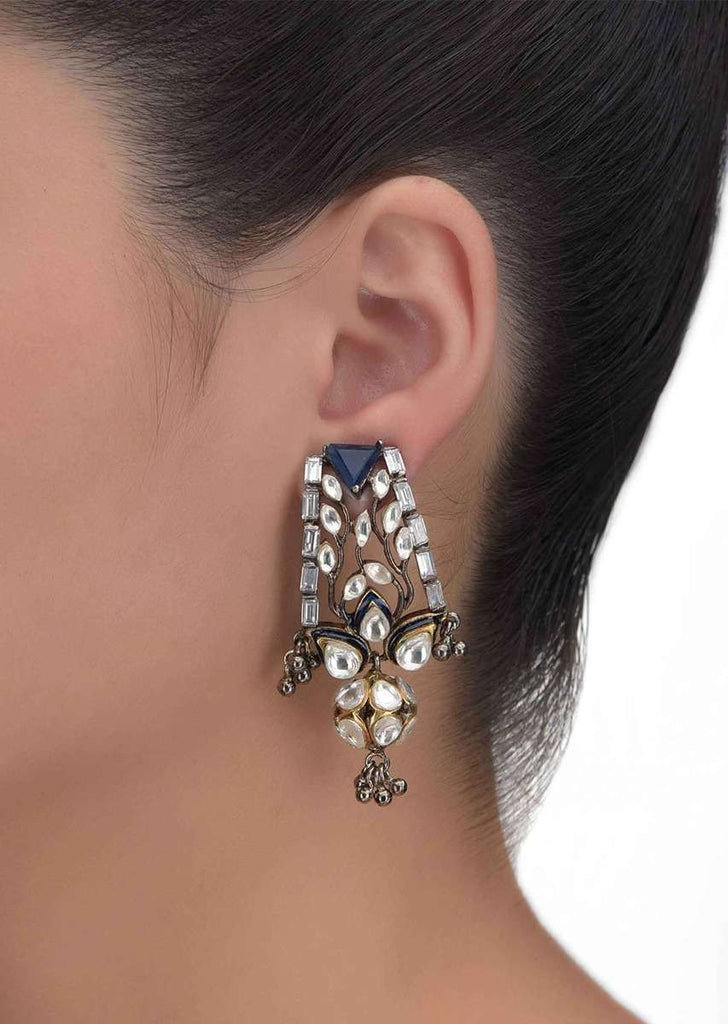 Fancy Kundan Studded Dangling Earrings With Blue Triangular Shaped Stone Online - Kalki Fashion