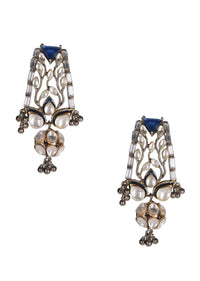 Fancy Kundan Studded Dangling Earrings With Blue Triangular Shaped Stone Online - Kalki Fashion