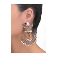Fancy metal dangling earrings with plum kundan, stones and beads only on Kalki
