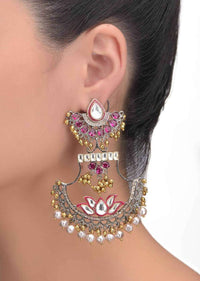 Fancy metal dangling earrings with plum kundan, stones and beads only on Kalki