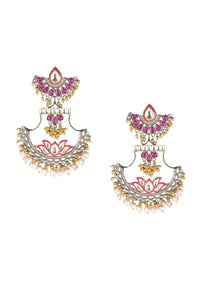 Fancy metal dangling earrings with plum kundan, stones and beads only on Kalki