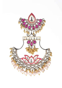 Fancy metal dangling earrings with plum kundan, stones and beads only on Kalki