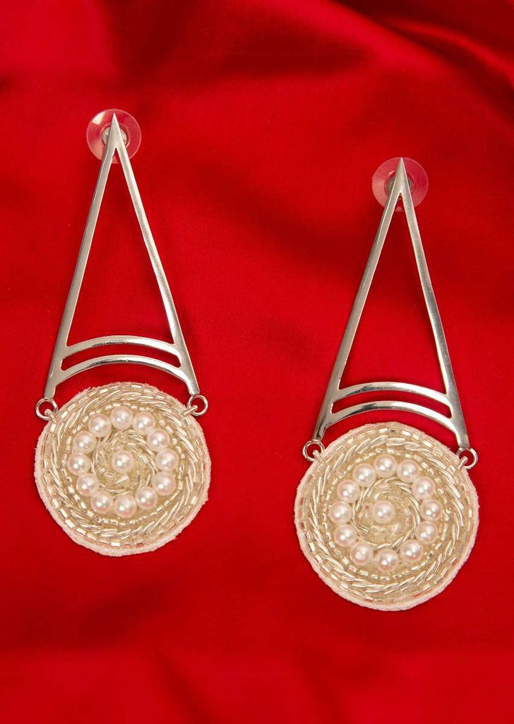Fancy party wear silver steel earring  with round fabric based drops