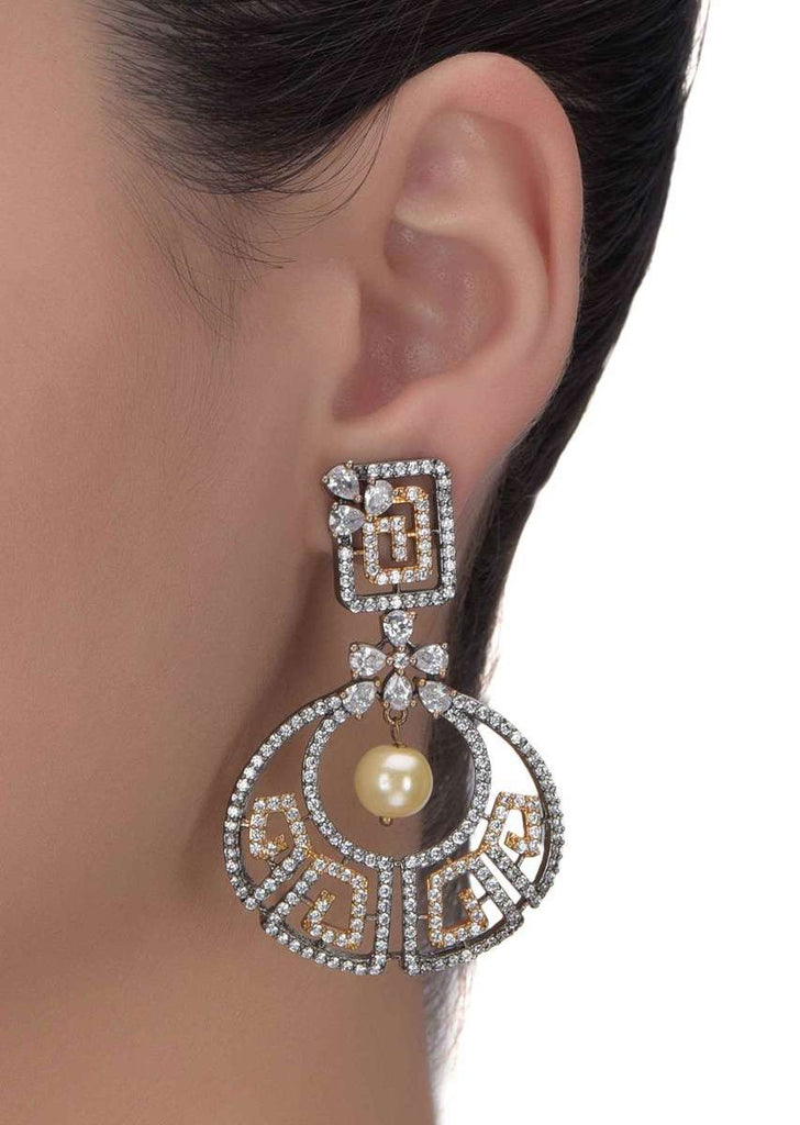 Fancy Party Wear Stone And Pearl Embellished Earrings In Geometric Pattern Online - Kalki Fashion