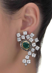 Fancy Stud Earrings With Green Stone And Crystals Online - Kalki Fashion