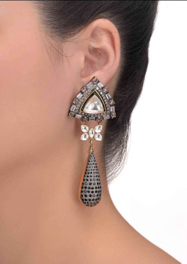 Fancy Triangle Stud Earrings With Dangling Drop Studded With Kundan, Stones And Bugle Beads Online - Kalki Fashion