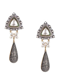 Fancy Triangle Stud Earrings With Dangling Drop Studded With Kundan, Stones And Bugle Beads Online - Kalki Fashion