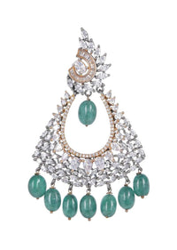 Fancy triangular earrings with crystals, bugle beads, stones and green beads only on Kalki