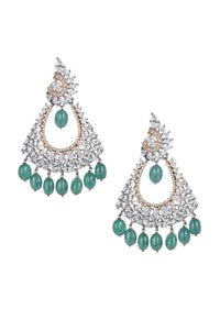 Fancy triangular earrings with crystals, bugle beads, stones and green beads only on Kalki