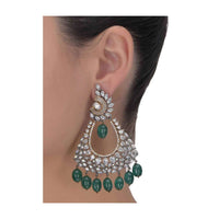 Fancy triangular earrings with crystals, bugle beads, stones and green beads only on Kalki