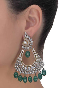Fancy triangular earrings with crystals, bugle beads, stones and green beads only on Kalki