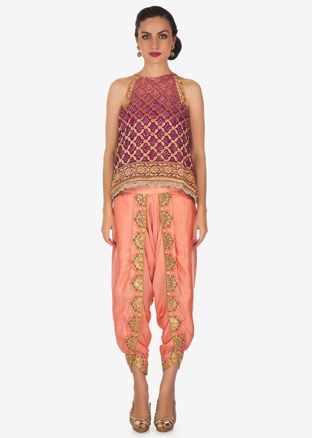 Fancy dhoti set with shaded bandhani and wine jacket only on Kalki