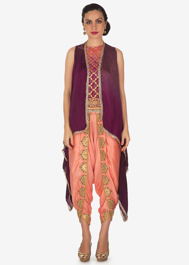 Fancy dhoti set with shaded bandhani and wine jacket only on Kalki